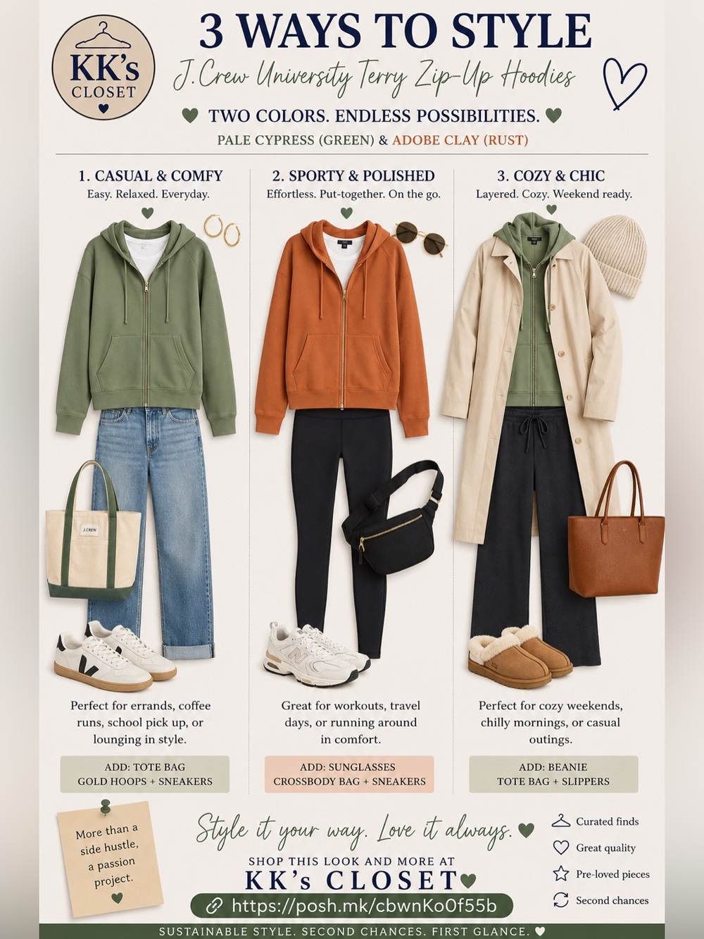 TWO J. Crew UNIVERSITY TERRY ZIP-UP HOODIES (Pale Cypress & Adobe Clay) - Picture 2 of 8